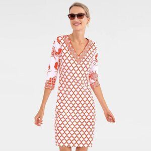 Gretchen Scott Designs Crab Soup 3/4 Sleeve V-Neck Dress in Tomato Red, size XS